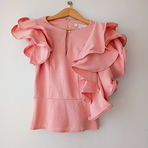 NYLON Ruffle Sleeve Peplum Top – Pink Keyhole Blouse | Size Small - Picture 6 of 9
